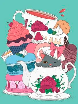 Cat with pastry and tea Stock Illustration