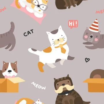 Cat pattern. Cute kittens, funny playful pets seamless vector childish textile 库存插图