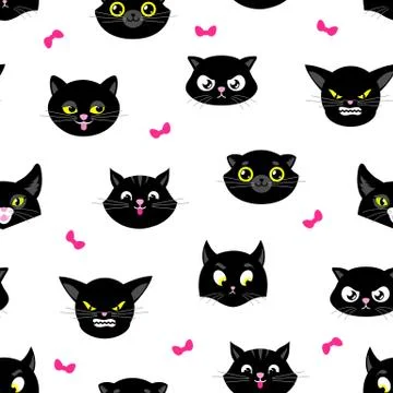 Cat pattern. Halloween cats seamless texture. Flat black kitten heads with Stock Illustration