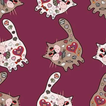 Cat pattern isolated. Vector. Print. Doodles neutral, purple and black on colors Stock Illustration