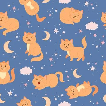 Cat pattern with moon, stars and clouds. Cute ginger cat character in cartoon 스톡 일러스트