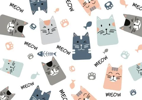Cat pattern. Seamless texture of different cute kittens on whit background Stock Illustration