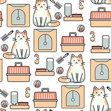 Cat pattern with various pet items, food dish, carrier, and toys in seamles.. Stock Illustration