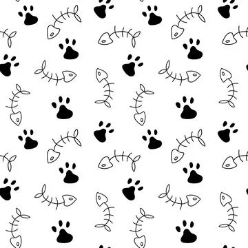 Cat paw, fish bone Seamless Pattern white background. Stock Illustration