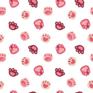 Cat paw pattern, kitten and dog hearts. Cute repeat of animal logo, kitty claws Stock Illustration