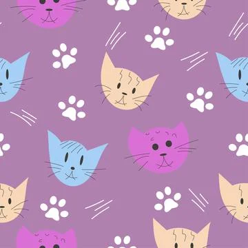 Cat, paw seamless pattern, colourful hand drawn Stock Illustration