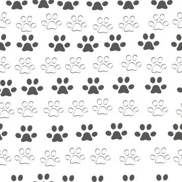 Cat paw seamless pattern, outline sketch print on white background Stock Illustration