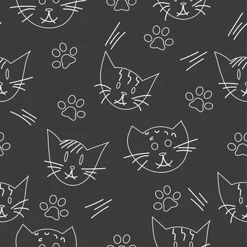 Cat, paw seamless pattern, outline doodle vector Illustrazione stock