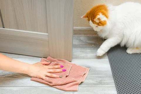 The cat peed on the floor in the room Stock Photos