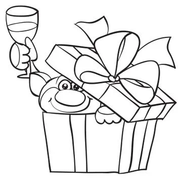 A cat peeks out of the box with a surprise and holds a glass of champagne in his Stock Illustration