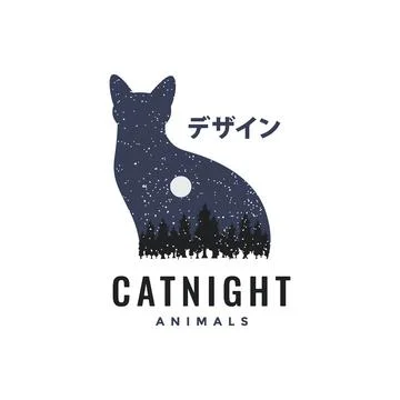 Cat pets night forest moon mascot logo vector icon illustration Ilustração Stock