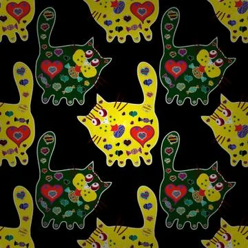 Cat picture. Nice background. Blue, black and yellow on colors. Doodles cute pat Illustration