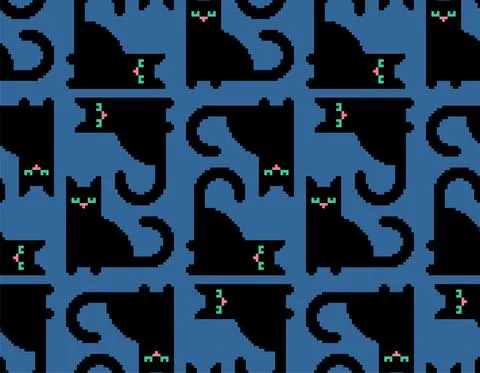 Cat pixel art pattern seamless. Pet 8 bit background. pixelated vector textur Stock Illustration