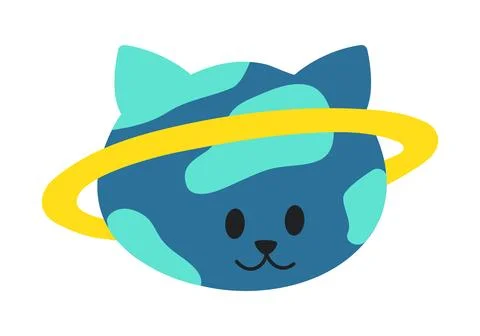 Cat planet with ring isolated. Continents and oceans on planet. Space fantasy Stock Illustration