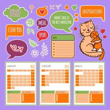 CAT PLANNER WINTER Printable Cutting Vector Illustration Set Stockillustratie