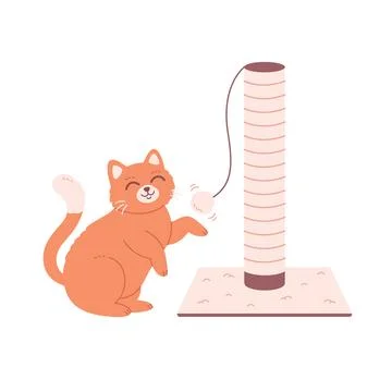 Cat playing with ball. Cat tree with toy. Cat and scratching post. Stock Illustration