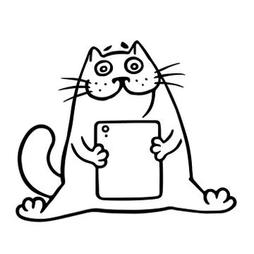 The cat is playing on a digital tablet. Isolated vector illustration. Stock Illustration