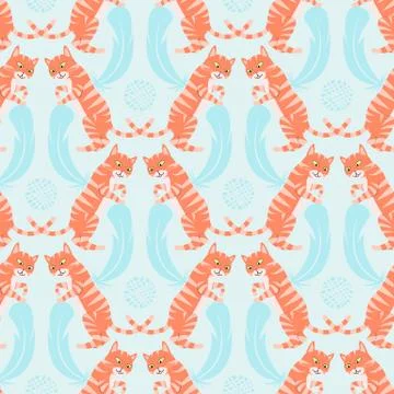 Cat playing with a tangle and a feather. Seamless pattern vector illustration Stock Illustration