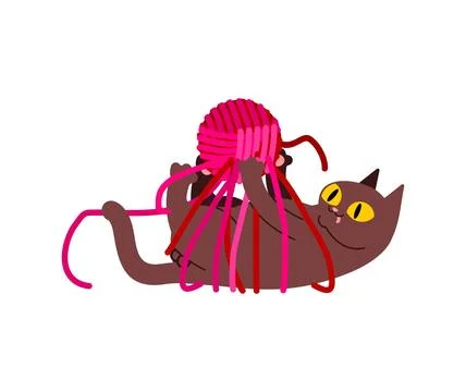 Cat plays with ball of wool. Cat and ball of thread Stock Illustration