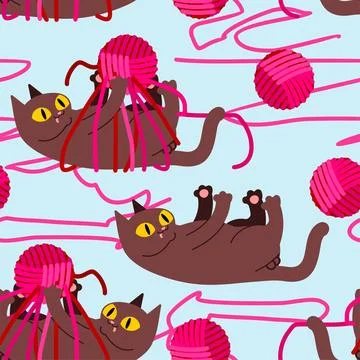 Cat plays with ball of wool pattern seamless. Cat and ball of thread backgrou Stock Illustration