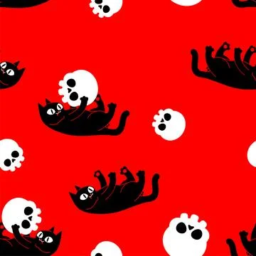 Cat plays with skull pattern seamless. Cat and skeleton head background. Stock Illustration