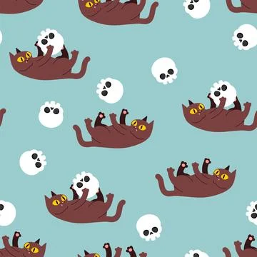 Cat plays with skull pattern seamless. Cat and skeleton head background. Stock Illustration