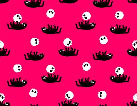 Cat plays with skull pattern seamless. Cat and skeleton head background. Illustrazione stock