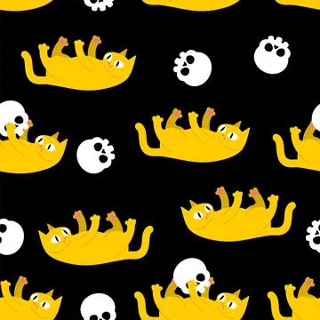 Cat plays with skull pattern seamless. Cat and skeleton head background. Stock Illustration