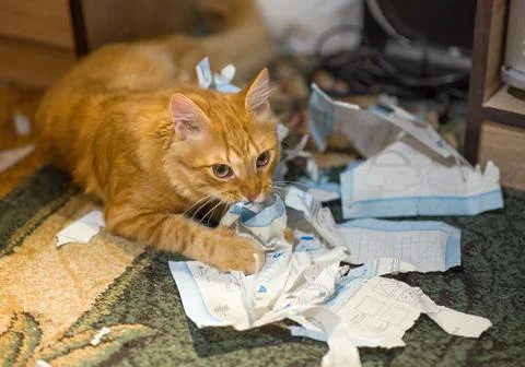 The cat plays with the torn sheets of the book. 스톡 사진