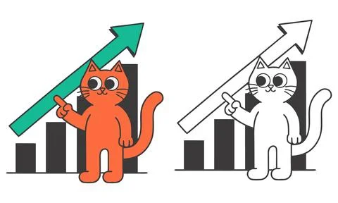 Cat pointing at rising growth bar chart vector set Stockillustratie