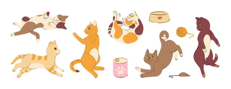 Cat poses doodle set with toys and food. Cats with accesories. Vector Stock Illustration