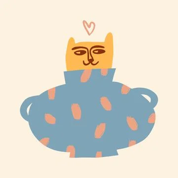 Cat in the pot groovy cute comic character boho doodle modern art print Stock Illustration