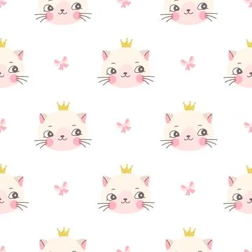 Cat princess seamless pattern. Kitty in gold crown, cute funny print for girl Stockillustratie