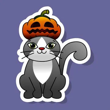 Cat in a pumpkin hat. Gray cat and pumpkin. Smiling pumpkin. Illustration for Stock Illustration