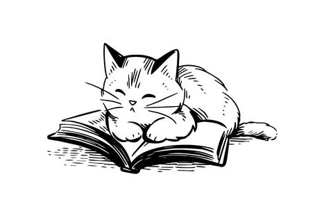 Cat read a book hand drawn ink sketch. Engraved vector illustration. Stock Illustration