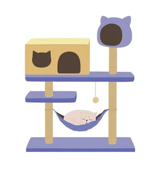 Cat rest in a luxury cat tower. A cat tree with a scratching post, a toy and a Stock Illustration