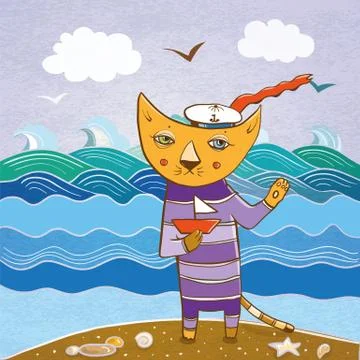 Cat sailor on the beach with a ship Stock Illustration