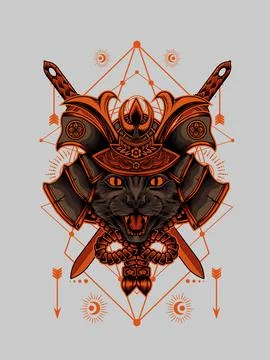 Cat samurai pattern T-shirt printing vector Ilustração Stock