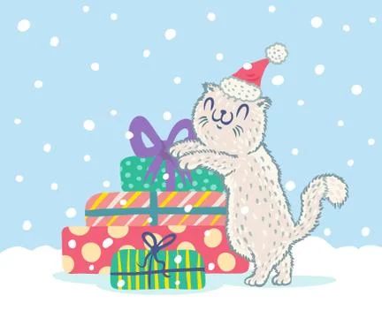 Cat in Santa hat with presents. Stock Illustration