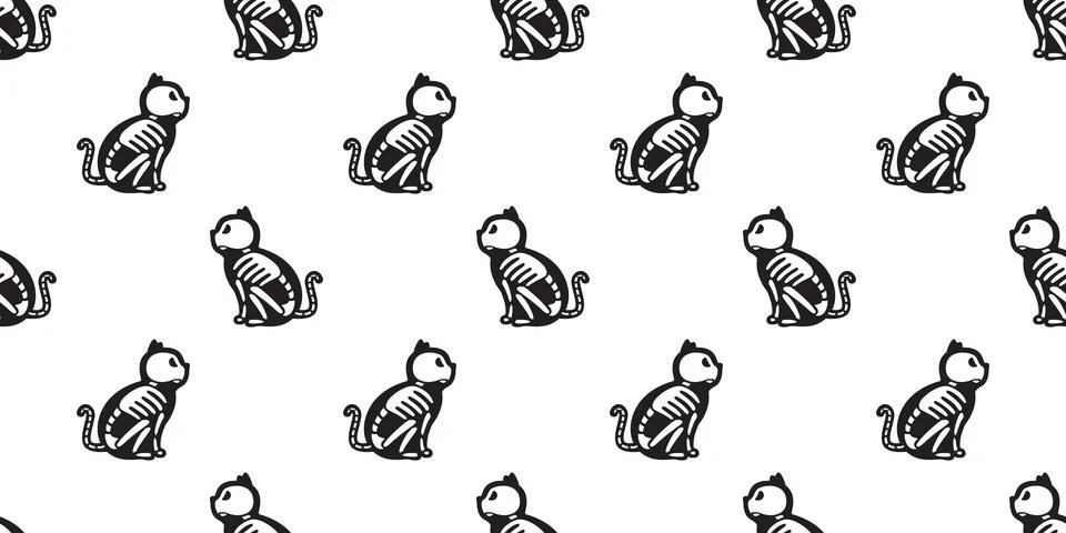 Cat seamless Halloween vector pattern isolated Cat Skull bone Ghost Kitten イラスト素材