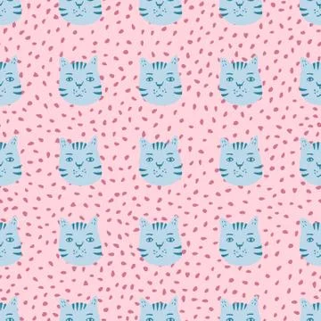 Cat seamless naive doodle pattern. Pink background with dots and blue faces a 스톡 일러스트