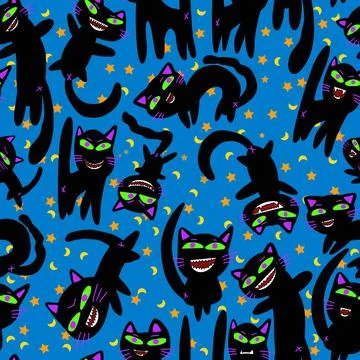 Cat seamless pattern on blue background. Hand drawn graphic Stock Illustration