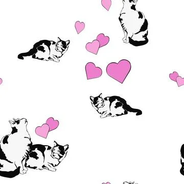 Cat seamless pattern. Cat in different positions and heart. Stock Illustration