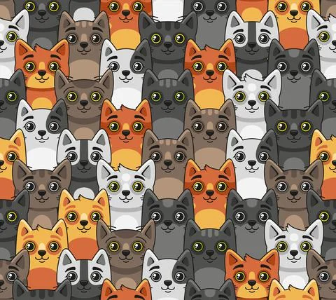 Cat Seamless Pattern. Cute Cartoon Style. Vector Stock Illustration