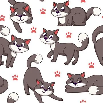 Cat seamless pattern. Cute cartoon style kittens on repeat print. Funny pets Illustrazione stock