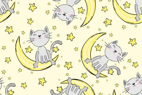 Cat seamless pattern with cute character. Funny animal dream cats with stars Stock Illustration