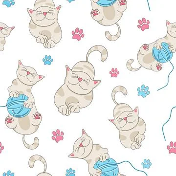 Cat seamless pattern. Fairy tale cartoon cat. Caricature. Stock Illustration