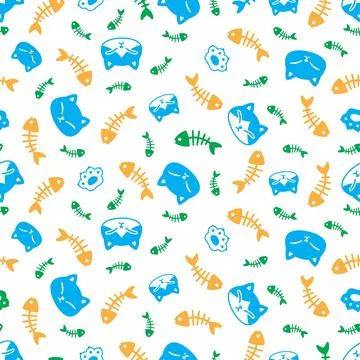 Cat seamless pattern fish bone paw kitten footprint calico vector Stock Illustration