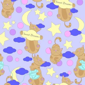 Cat seamless pattern. Night sky, stars, moon. Stock Illustration