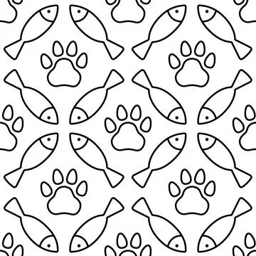 Cat seamless pattern with outlines of fish and paw prints. Black and white 스톡 일러스트